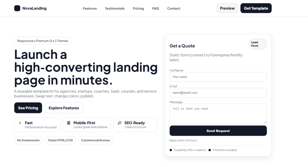 Nova landing page template responsive design preview